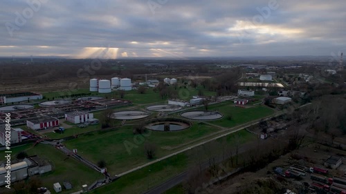 Wide aerial view of wastewater treatment plant highlighting sustainable water future