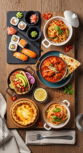 Wallpaper Mural Diverse assortment of international dishes artfully arranged on a wooden surface. Torontodigital.ca