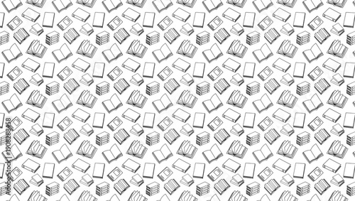 Seamless pattern of black and white book illustrations on white background