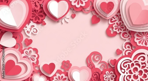 Layered paper cutout elements featuring numerous hearts and floral shapes frame a central empty space.