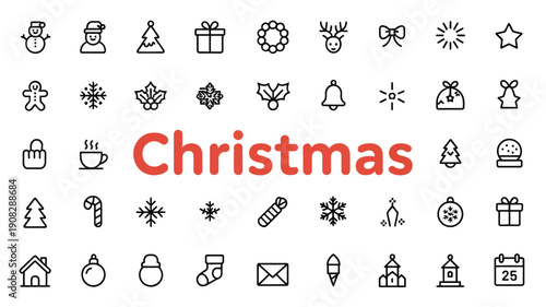 A collection of festive christmas icons and the word christmas in red