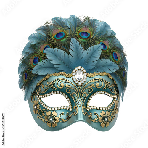 Wallpaper Mural Elegant teal masquerade mask with blue feathers and gold floral details, perfect for carnival or costume parties Torontodigital.ca