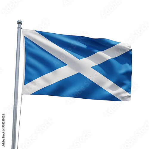 The Scottish flag waving in the wind on a white background