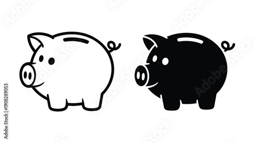 Two cartoon pigs one white outline and one solid black facing right