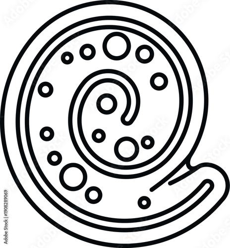 Simple outline drawing showing a decorative snail shell spiral pattern with dots