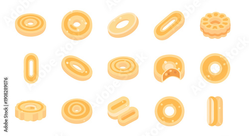 Collection of Butter Cookies, Ring Biscuits, and Sweet Pastry Vector Illustration for Snack and Bakery Design