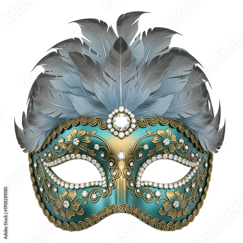 Wallpaper Mural Elegant Venetian carnival mask decorated with teal feathers, gold floral patterns, and rhinestones, perfect for masquerade balls and costume parties Torontodigital.ca