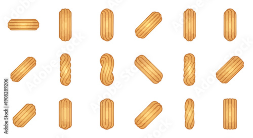 Cat's tongue cookies vector set, crispy butter biscuits collection, indonesian kue lidah kucing snack illustration, isolated baked pastry elements on white background