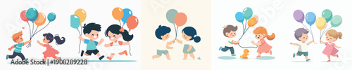 Silhouette of a Kids Playing with Balloons Vector Illustration