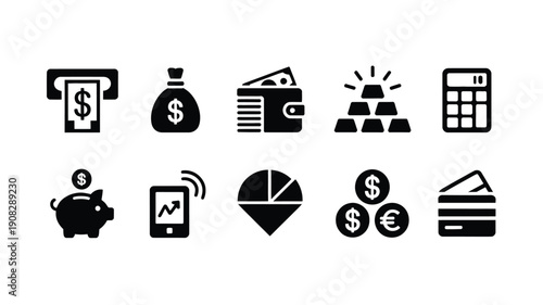 Financial icons depicting money banking investment and economic growth