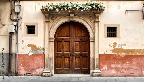 Weathered historic building facade with arched wooden door, peeling plaster, subtle floral decoration, old town charm, architectural detail, warm tones, European street, character