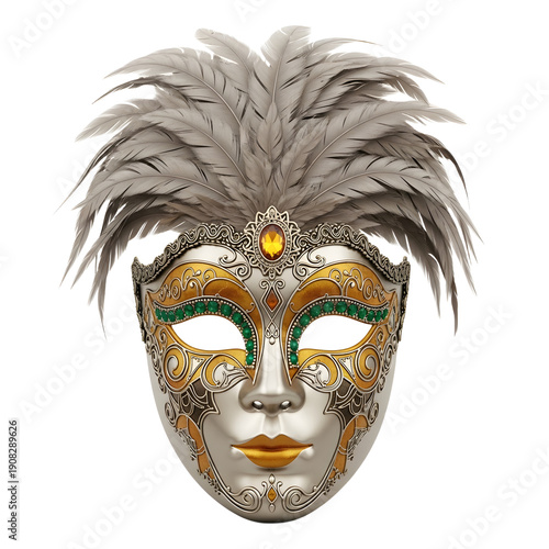Wallpaper Mural Gold and silver Venetian carnival mask with intricate designs and gray feather plume, perfect for masquerade balls and costume parties Torontodigital.ca