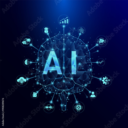 Ai Artificial Intelligence in brain transparent polygon. Business finance icons surrounded. AI technology plays a crucial role in shaping businesses of the future. Vector.