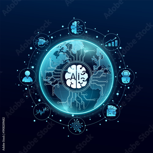 Ai brain in transparent globe business finance icons surrounded. AI technology plays a crucial role in shaping businesses of the future. Vector.