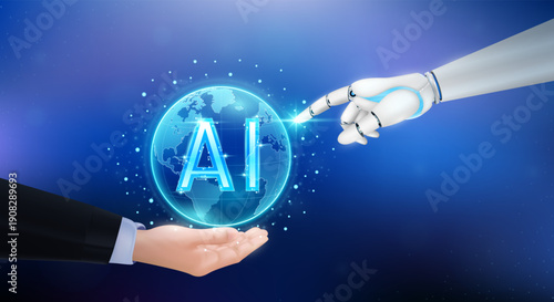 Ai in transparent globe on hand businessman. Finger robot touch world. Artificial Intelligence technology plays a crucial role in shaping businesses of the future. Vector EPS10.