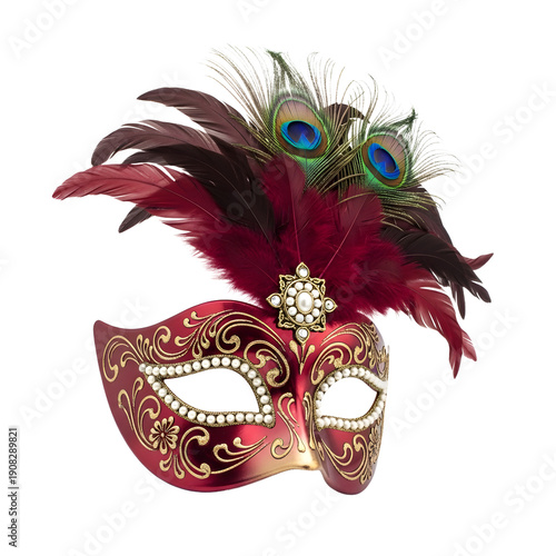 Wallpaper Mural Red Venetian masquerade mask with ornate gold details and peacock feather decoration, perfect for carnival and costume parties Torontodigital.ca