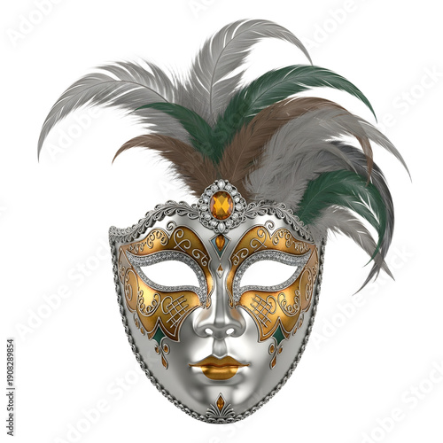 Wallpaper Mural Venetian carnival mask with gold and silver designs decorated with feathers and a gemstone, elegant masquerade accessory for costume parties Torontodigital.ca