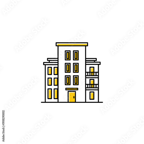 Modern apartment building with yellow accents and balconies  