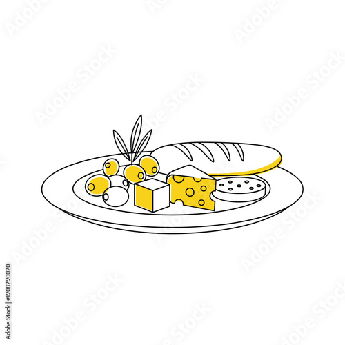 Appetizer plate with cheese, olives, and bread in minimalist style  