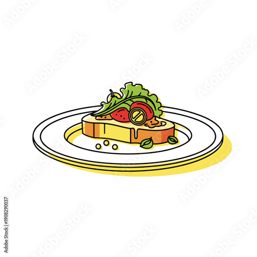 Appetizer plate with toast, vegetables, and sauce on white background  