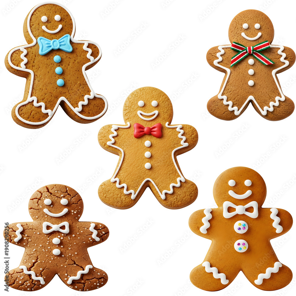 Fototapeta premium Assorted decorated gingerbread men cookies arranged together on a festive holiday display - cut-out isolated