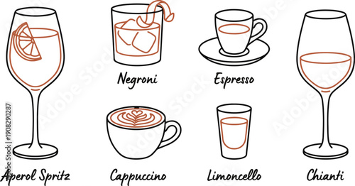  Set of 6 Italian Drink Line Art Icons 2026 - Minimalist Two-Tone Outline Illustrations featuring Aperol Spritz, Negroni, Espresso, and Chianti Wine 2026 