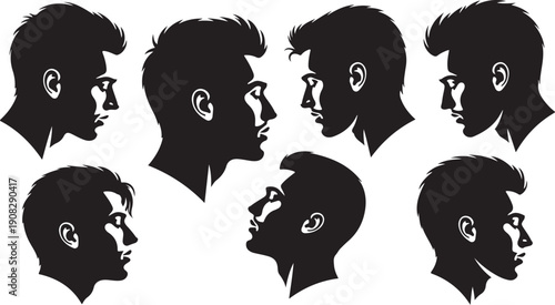 Silhouette profiles of men with various hairstyles and glasses