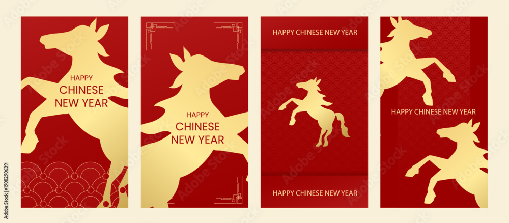 Fototapeta premium Happy Chinese new year 2026 , modern design set in red, gold and white colors , Year of the horse zodiac , Asia oriental traditional ornament, frame and border