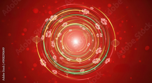 Vibrant concentric light rings and floral elements decorate a deep red festive background.