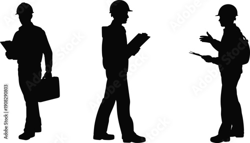 Black silhouette construction engineers set, site inspectors isolated on white background industry management concept