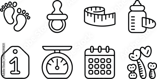 Newborn infant care linear icons featuring footprints milk bottle measuring tape pacifier scale and calendar.