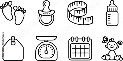 Newborn infant care linear icons featuring footprints milk bottle measuring tape pacifier scale and calendar.
