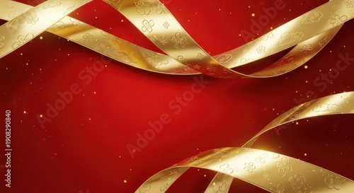 Luxurious golden ribbons curve across a deep red background scattered with sparkling lights