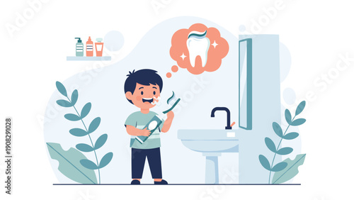 Young boy practices good oral hygiene by carefully brushing his teeth in a bathroom while looking at his reflection in the mirror before bed.