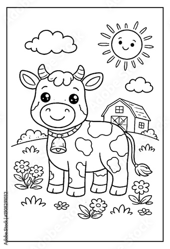 Adorable cartoon cow coloring page for toddlers featuring a friendly farm animal with spots and a ringing bell