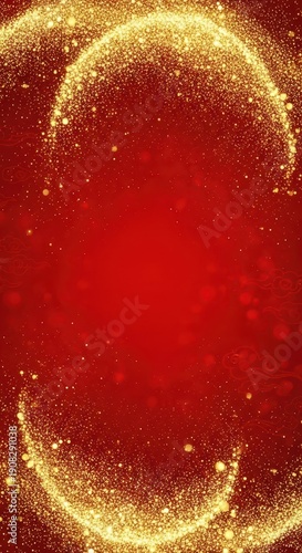 Bright golden particle arcs illuminate a deep red background texture creating a festive design