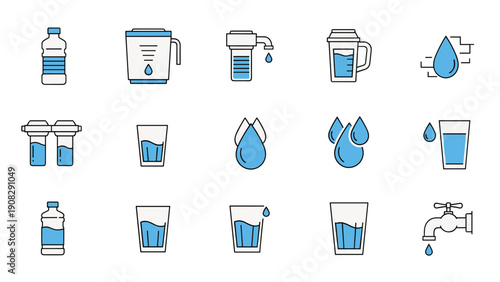 Comprehensive set of icons illustrates various water filtration systems, clean drinking glasses, and plumbing fixtures for residential use.