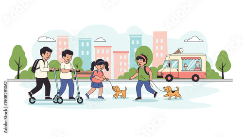 Happy children play together in a vibrant city park, riding kick scooters and walking their dogs while an ice cream truck waits nearby for customers.