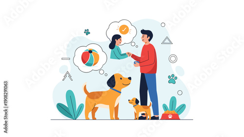 Man stands in a park with his loyal dogs, thinking about playing with toys and a happy child, illustrating the joy of pet ownership and family life.