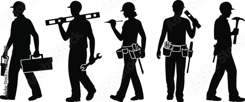 Black silhouette construction workers set, builders with tools isolated on white background industry concept