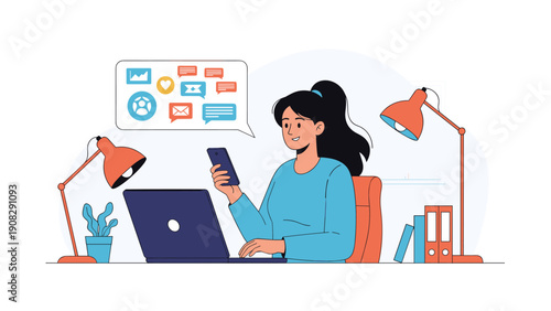 Busy young woman works from home at her desk using a laptop and smartphone while various social media icons float around her in the workspace.