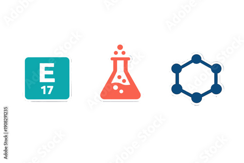 Three stylized science icons are displayed against a black background, including a teal periodic table element tile, a red bubbling flask, and a blue hexagonal molecular structure.