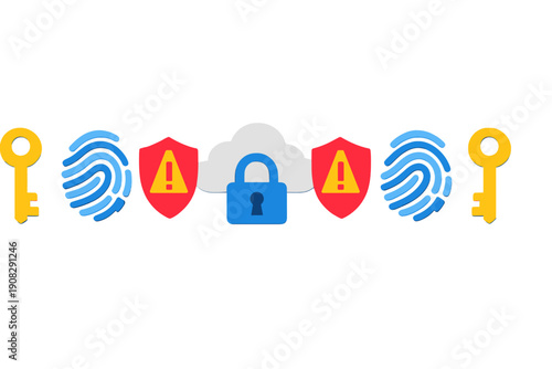 A row of digital security icons including keys, fingerprints, and shields with exclamation marks surrounding a cloud with a blue padlock on a solid black background.