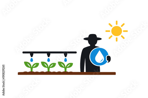 This flat vector illustration shows a farmer silhouette holding a water drop icon beside a drip irrigation system watering young green plants under a yellow sun.