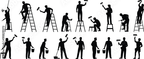 Black silhouette house painters collection, workers with rollers isolated on white background renovation concept