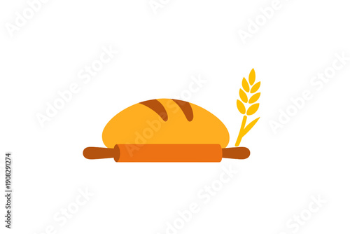 A flat vector illustration featuring a golden loaf of bread, an orange rolling pin, and a yellow stalk of wheat, all set against a solid black background for a clean bakery logo design.