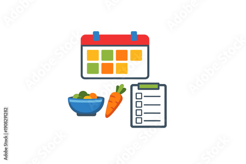 A flat illustration featuring a colorful calendar, a bowl of healthy vegetables, a single carrot, and a checklist clipboard, representing meal planning and healthy lifestyle habits.