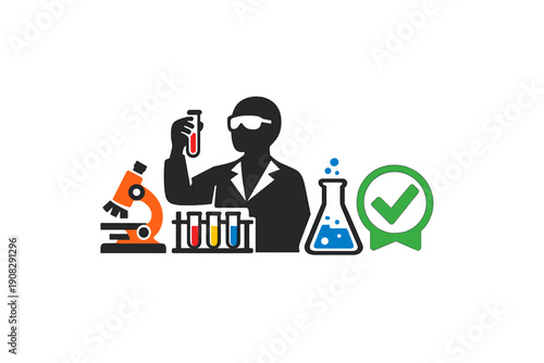 A silhouette of a scientist in a lab coat and goggles holding a test tube, surrounded by a microscope, colorful laboratory glassware, and a green checkmark icon on a black background.