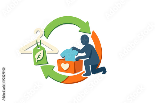 This graphic shows a person donating clothes into a box with a heart symbol, framed by recycling arrows and a hanger with a leaf tag, representing sustainable fashion.