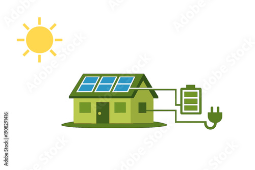 A flat illustration of a green house with solar panels on its roof, connected to a battery and an electrical plug under a bright yellow sun, representing renewable energy.